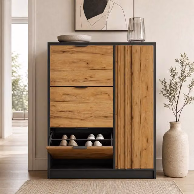 Scarpiera moderna in MDF con scomparti basculanti e ripiani interni, marrone e nero, L: 100 cm, P: 30 cm, H: 130 cm