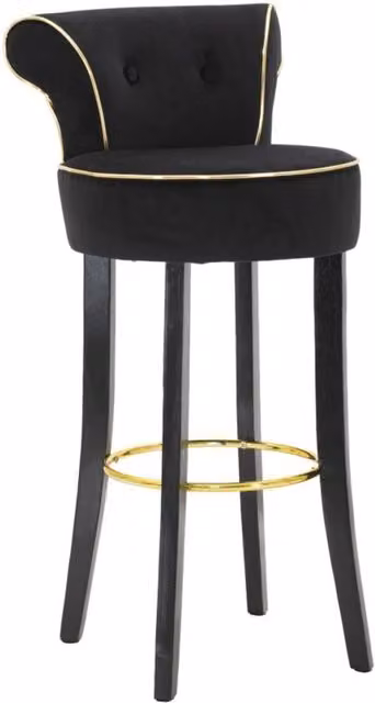Sgabello da bar Luxy Vikasa Home in velluto nero con dettagli dorati e struttura in legno e metallo