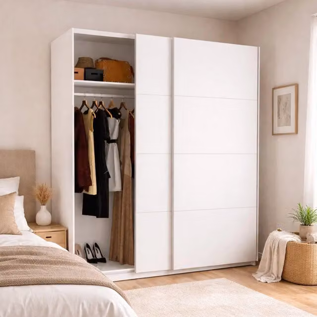 Armadio Alias DMORA con 2 ante scorrevoli per camera da letto, Bianco lucido, L: 180 cm, P: 65 cm, H: 204 cm