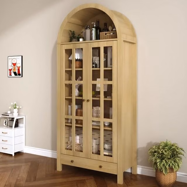 Vetrina Mivray moderna per soggiorno con ante in vetro e ripiani interni, colore beige, L: 75 cm, P: 35 cm, H: 170.5 cm