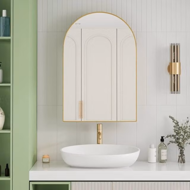 Armadietto con Specchio da Parete MINIMAL con Ripiani Regolabili e Ante in Vetro, Oro e Bianco