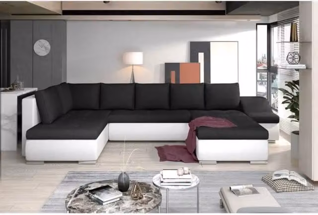 Divano panoramico GYOVANI MEUBLORAMA a forma di U con angolo destro, trasformabile in letto, con poggiatesta regolabile e seduta sollevabile, bicolore nero e bianco, L: 294 cm, P: 190 cm, H: 140 cm