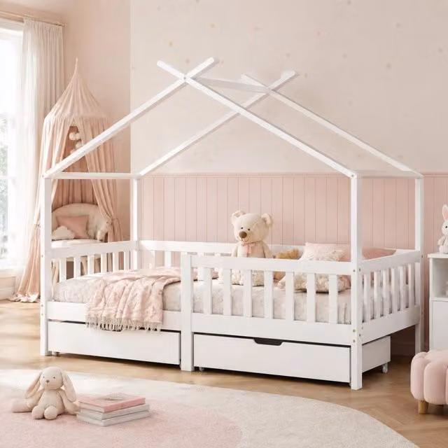 Letto a casetta Mivray per bambini in legno bianco con 2 cassetti e rete a doghe L/P/H: 205 x 90 x 165 cm
