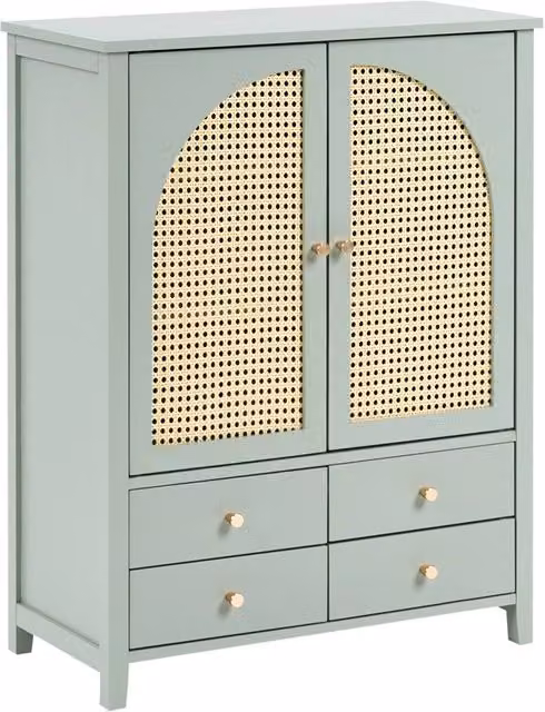 Scarpiera BELIANI in stile boho verde menta con cassetti e ripiani in legno MDF e rattan, L: 70 cm, P: 34 cm, H: 91 cm