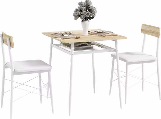 Set tavolo e 2 sedie da cucina HOMCOM in legno e metallo, colore bianco quercia, design moderno con sedie incassate
