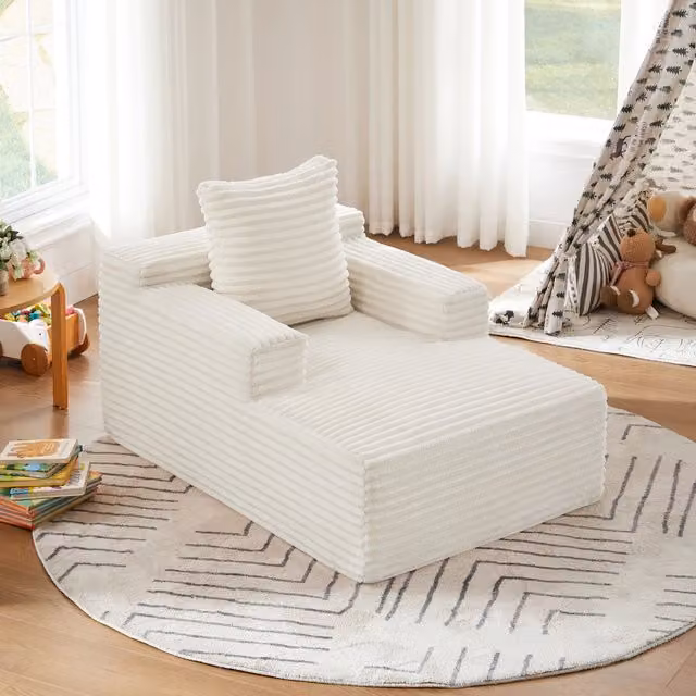 Chaise longue OKWISH in velluto a coste beige con imbottitura mista per soggiorno e home office