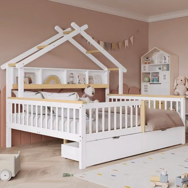 Letto a casetta Mivray per bambini in legno bianco e naturale con due cassetti su ruote L/P/H: 200 x 140 x 146,5 cm
