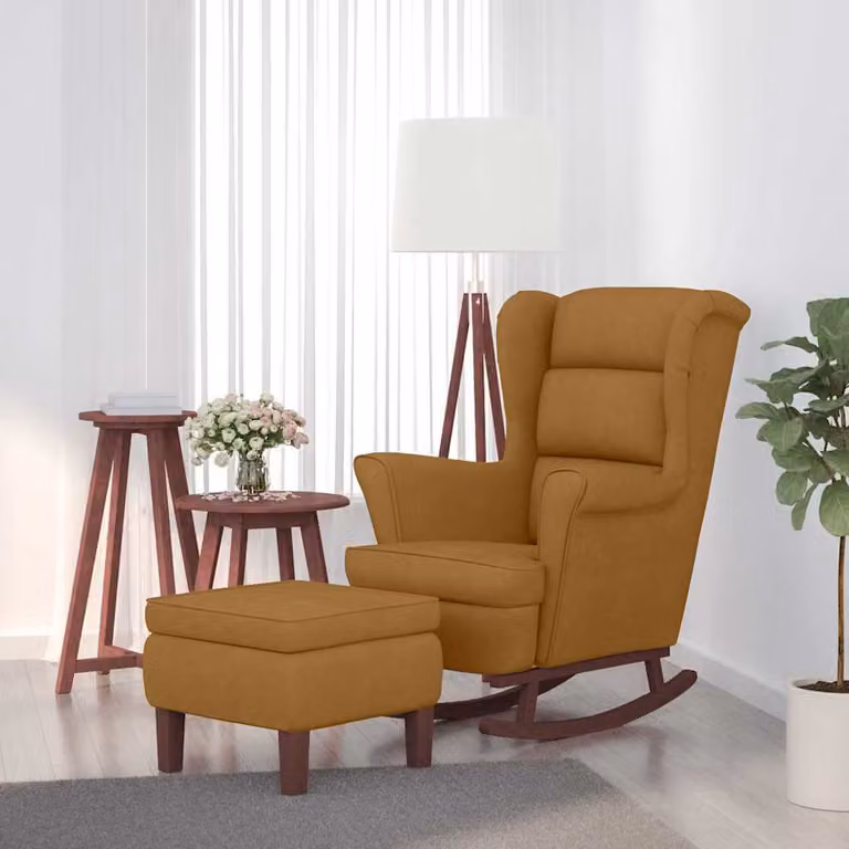 Sedia a dondolo con schienale alto vidaXL in velluto marrone con struttura in legno massiccio e pouf incluso