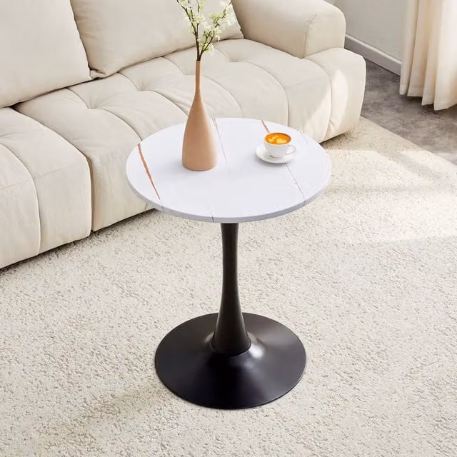 Tavolo da pranzo rotondo OKWISH in stile mid-century con piano in MDF laminato e base in metallo, bianco e nero, L: 120 cm, H: 72 cm, P: 120 cm