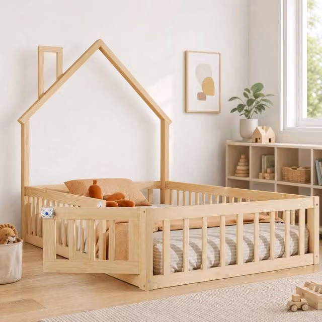 Letto a casetta Mivray per bambini in legno di pino e MDF naturale, colore marrone, L/P/H: 90 x 200 x 205 cm