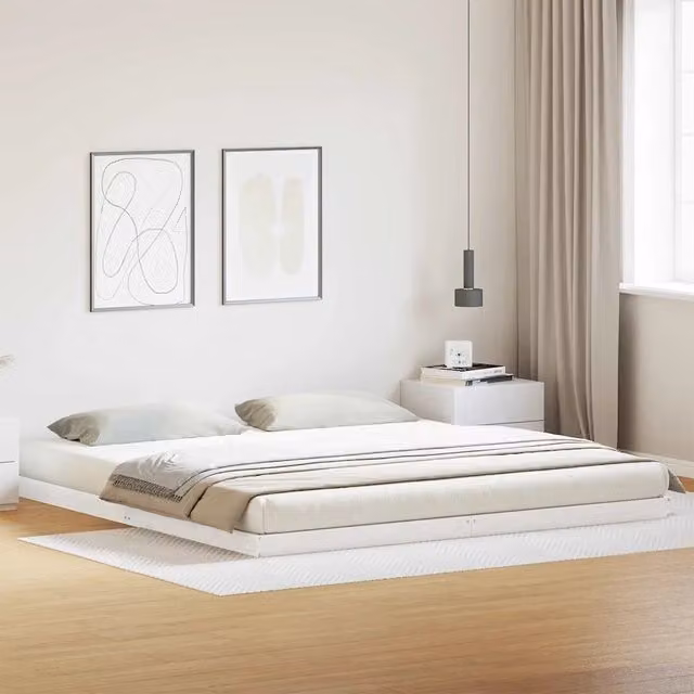 Struttura letto a terra con giroletto in pino massello bianco, design moderno, L: 184 cm, P: 213,5 cm, H: 9 cm