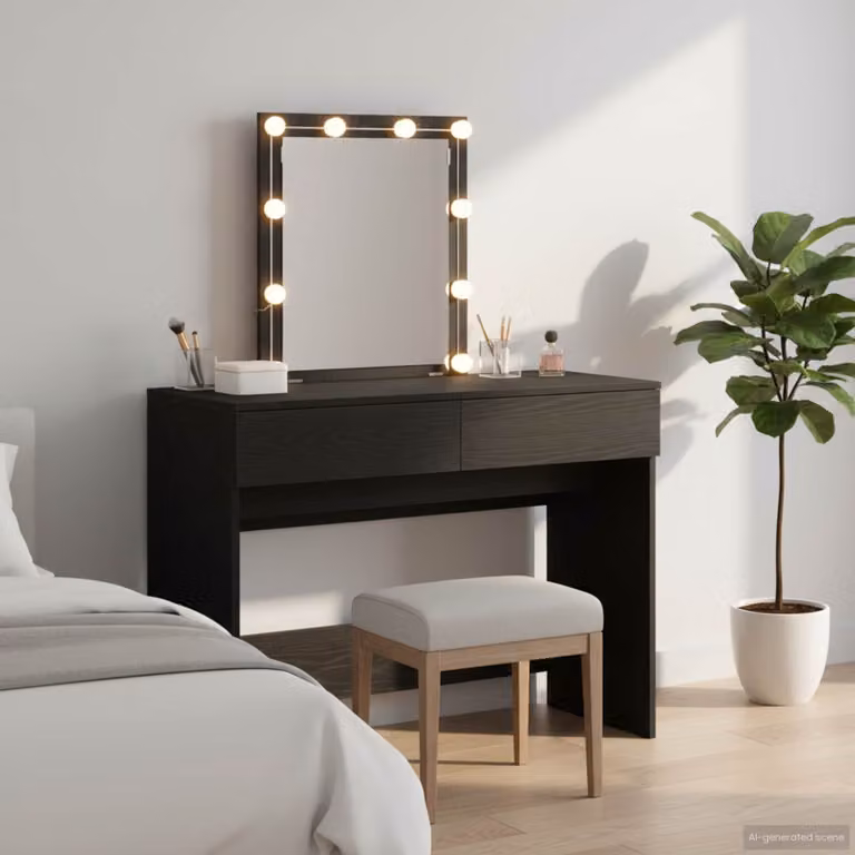 vidaXL Tavolo da Trucco Moderno Nero con Finitura Rovere, L/P/H: 100 x 40 x 130 cm