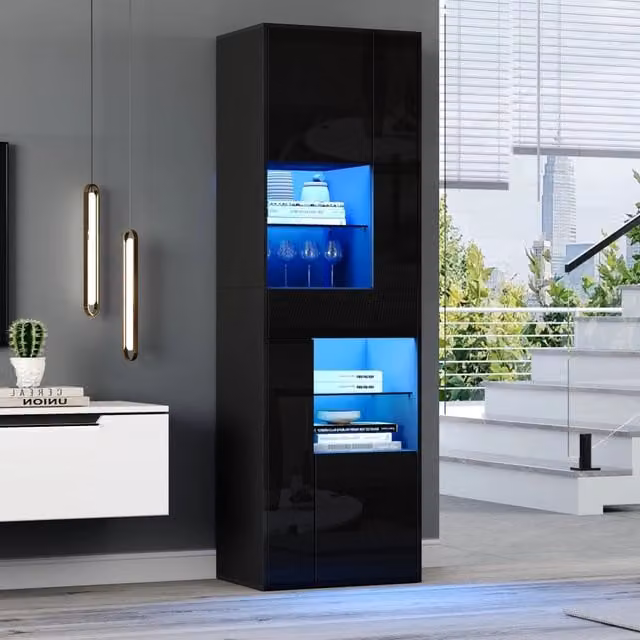 Vetrina alta Mivray nera con LED, ante in vetro e ripiani interni, L: 55 cm, P: 38 cm, H: 170 cm