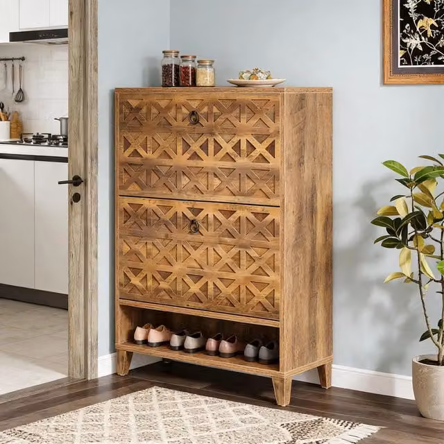 Scarpiera salvaspazio in stile rustico con 2 scomparti a ribalta e ripiano aperto, marrone e nera, L: 110 cm, H: 80 cm, P: 24 cm