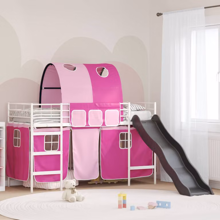 vidaXL Letto a castello per bambini con struttura a casetta e scala, Metallo, Bianco e Rosa, L/P/H: 190 x 90 x 194 cm