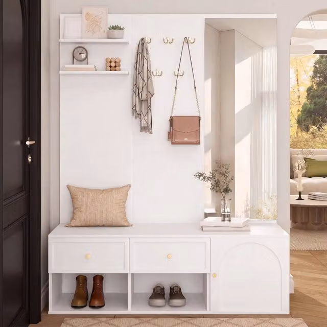 Set di mobili da ingresso MIVRAY moderno in legno bianco con specchio intero, 5 ganci, 2 cassetti e vano chiuso L/P/H: 120 x 35 x 159 cm