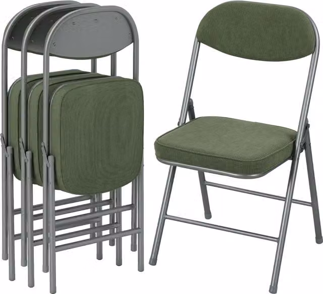 Set di 4 sedie pieghevoli HOMCOM in velluto a coste verde con seduta e schienale imbottiti, L: 45 cm, P: 48.5 cm, H: 82 cm