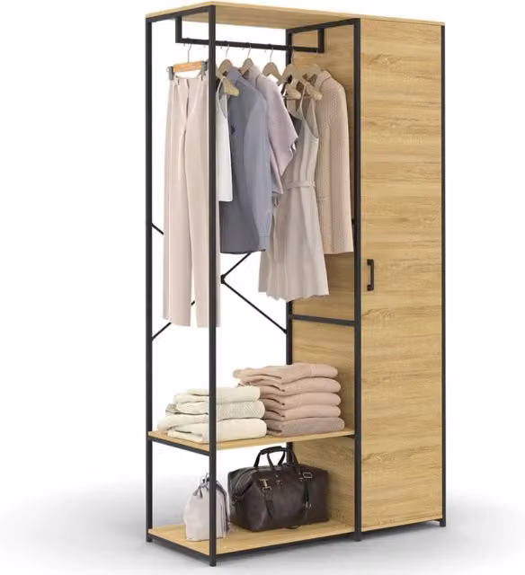 IDMarket Armadio Detroit design industriale con ripiani e appendiabiti, L/P/H: 90 x 40 x 167 cm, Nero e Marrone
