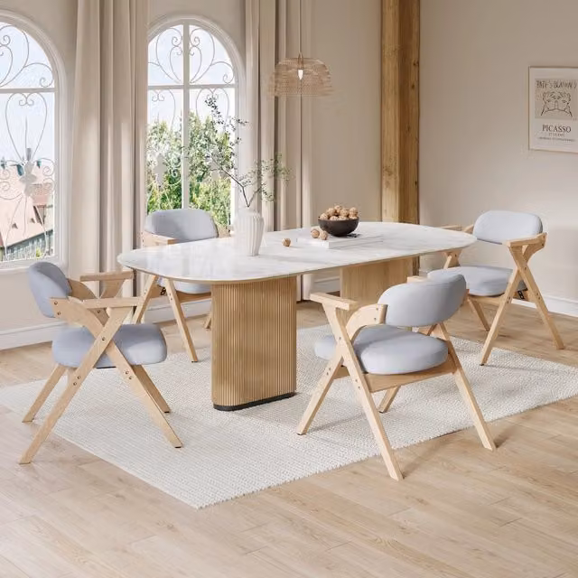Set di 4 sedie da pranzo pieghevoli WISHDOR in legno massello con braccioli e rivestimento in lino grigio, design moderno salvaspazio
