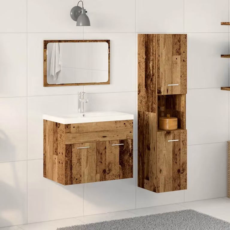 Set di mobili per il bagno moderno vidaXL composto da 4 pezzi in legno e metallo, colore marrone e argento, con mobile sottolavabo e pensili a muro