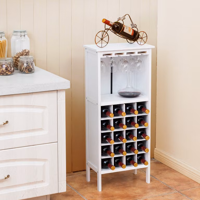 Cantinetta portabottiglie in legno Costway con porta calici per 20 bottiglie, Bianco, L 42 cm x P 24,5 cm x H 96 cm