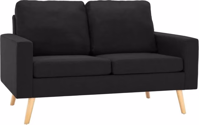 Set di divani moderno in tessuto nero composto da un divano a 2 posti e una poltrona con struttura in legno massiccio e cuscini inclusi