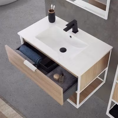 Mobile bagno sospeso Inbagno stile industrial in legno e metallo bianco e rovere con ante soft close