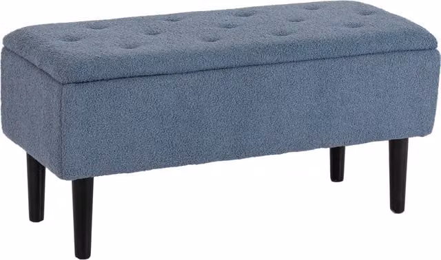 Panca imbottita con contenitore HOMCOM in effetto cashmere blu con struttura in legno naturale, L: 95 cm, P: 38 cm, H: 45 cm