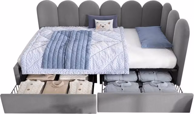 Letto singolo moderno in velluto grigio con 2 cassetti, modello letto divano, L/P/H: 190 x 90 x 76 cm
