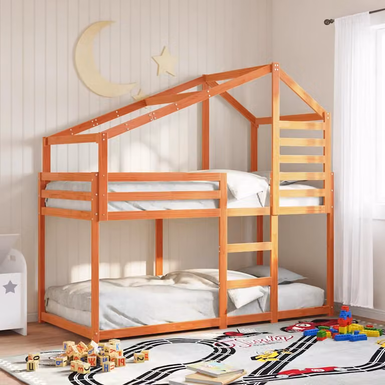 Letto a castello per bambini vidaXL in legno massello di pino con struttura a casetta, finitura cerata, colore marrone, L/P/H: 200 x 80 x 165 cm