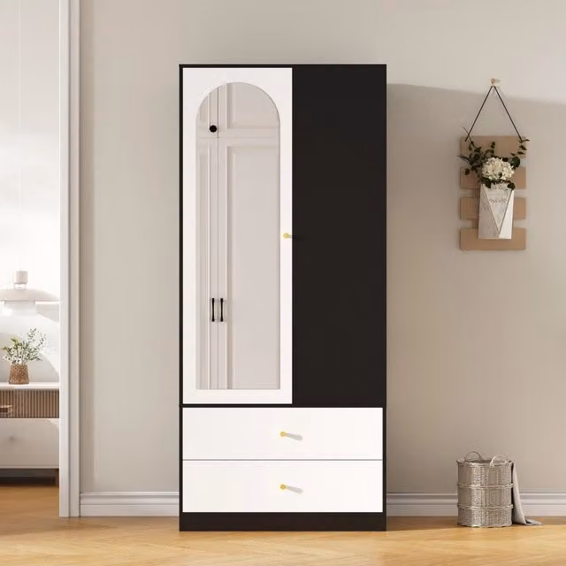 Armadio guardaroba moderno con specchio, 2 cassetti e ripiani, bianco e nero, L/P/H: 80 x 40 x 180 cm