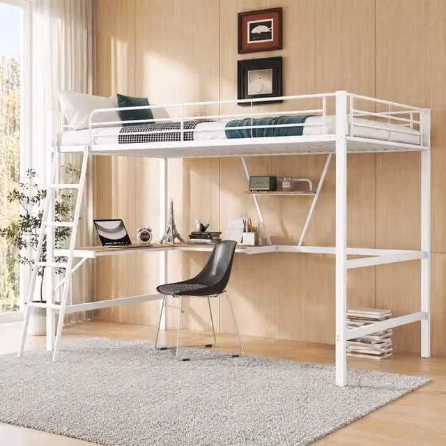 Letto a soppalco singolo bianco con scrivania a L e scaffali per cameretta o home office L/P/H: 204.5 x 120 x 149 cm