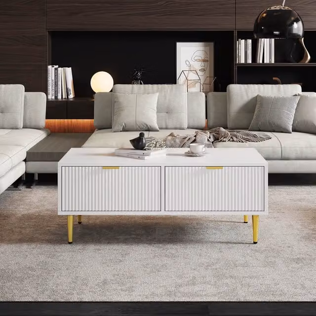 Tavolino da Salotto Moderno con 2 Cassetti e Design a Righe Verticali, L: 100 cm, P: 50 cm, H: 40 cm - Bianco e Oro