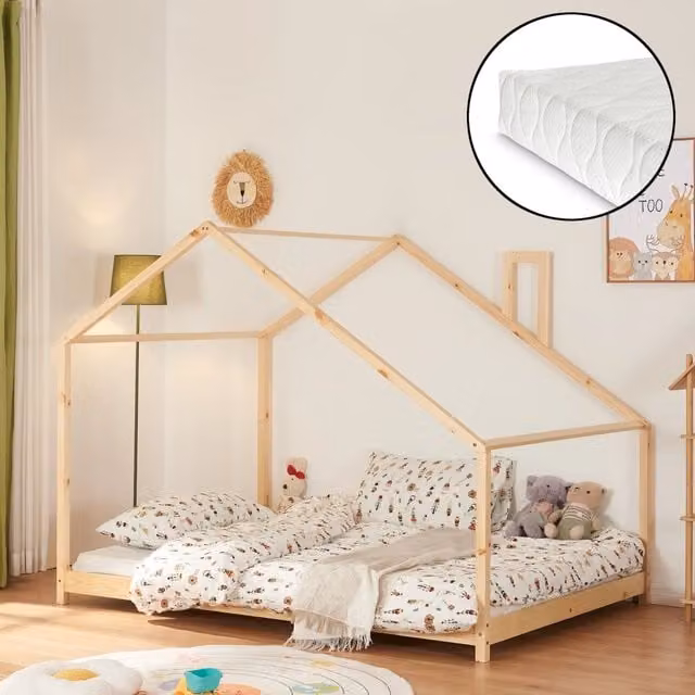 Letto Casetta per Cameretta Bambini en.casa in Legno di Pino Naturale con Materasso in Schiuma L/P/H: 206 x 140 x 146 cm