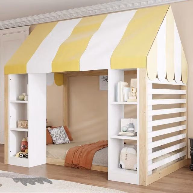 Letto singolo con baldacchino Mivray con due vani a giorno, bianco e legno, L/P/H: 90 x 200 x 188 cm