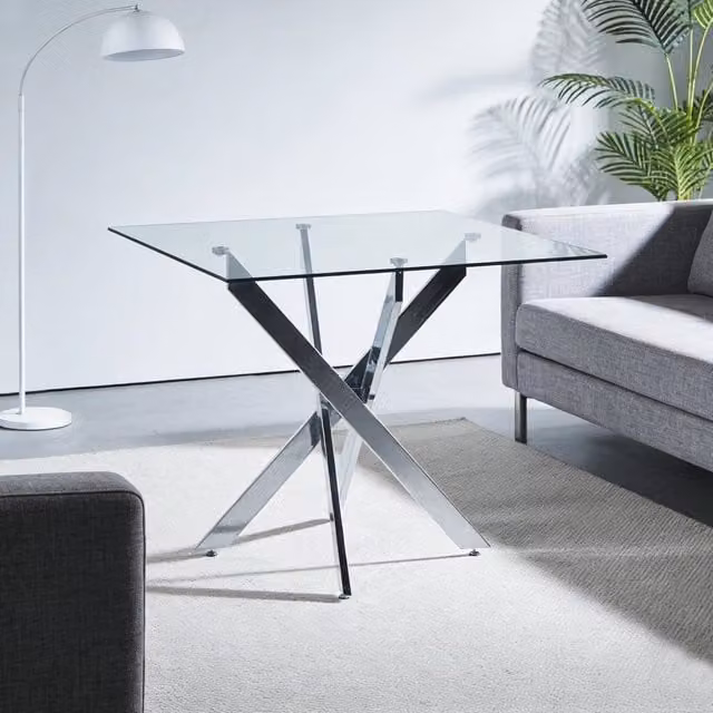 Tavolo da Pranzo Quadrato Minimal con Piano in Vetro Trasparente e Gambe in Metallo Argento L/P/H: 80 x 80 x 75 cm