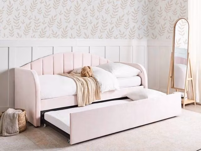 Letto estraibile Beliani in velluto rosa con cornice imbottita glamour per cameretta o camera da letto L/P/H: 90 x 200 x 102 cm