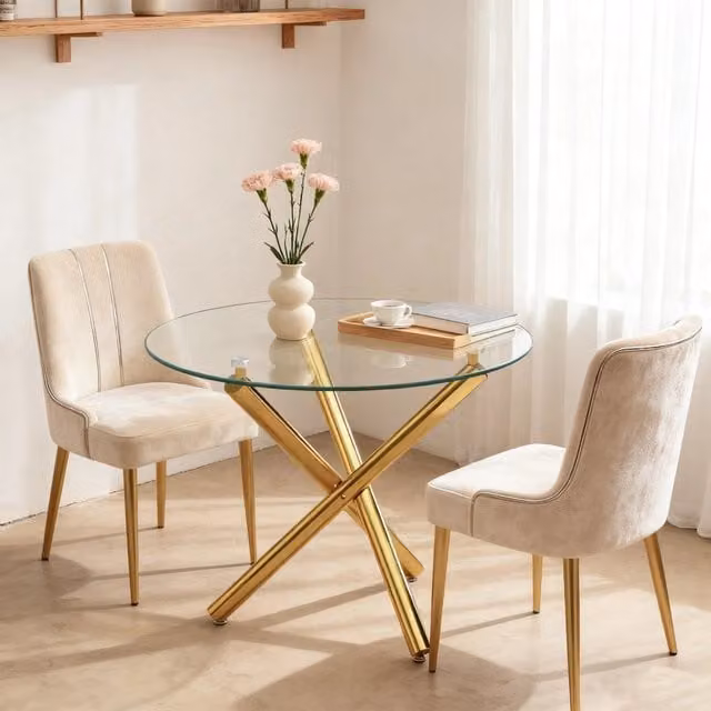 Tavolo rotondo REDOM in vetro trasparente e metallo oro L: 80 cm, P: 80 cm, H: 76 cm