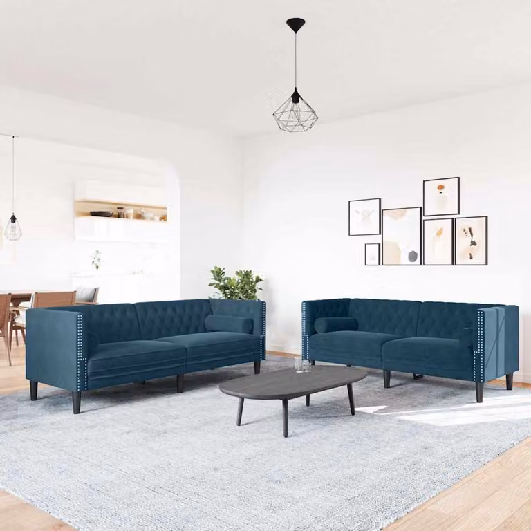 Set di 2 Divani Chesterfield vidaXL in Velluto Blu con Cuscini e Struttura in Legno Solido