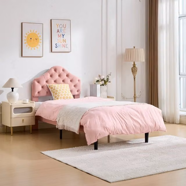 Letto Singolo Imbottito Minimal in Velluto Rosa con Testiera Regolabile e Doghe in Legno L/P/H: 90 x 200 cm