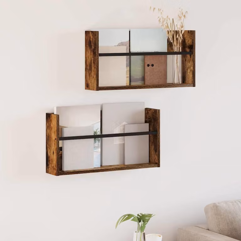 Set di 2 Scaffali per riviste da parete vidaXL in Rovere fumé, L: 60 cm, P: 12 cm, H: 30 cm