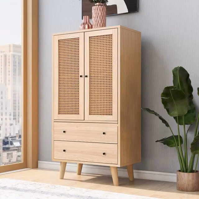 Madia moderna REDOM in legno e rattan color marrone per soggiorno, cucina o sala da pranzo L/P/H: 60 x 40 x 120 cm