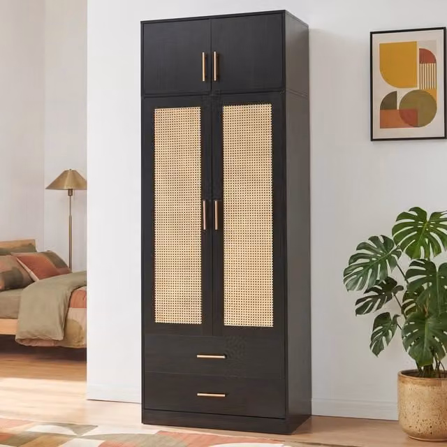 Armadio da guardaroba Larundi en.casa con 4 ante e 2 cassetti, Nero/Effetto Rattan, H: 216 cm, L: 80 cm, P: 52 cm