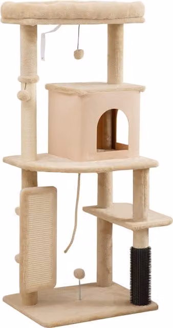 Albero per gatti multilivello PawHut con casetta, lettino, pali in sisal e giochi, Altezza: 132 cm, Beige