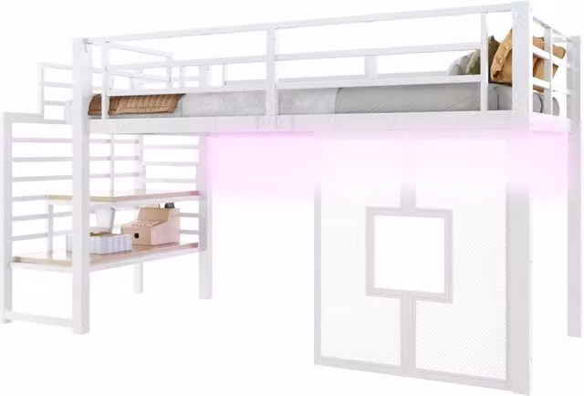 Letto a soppalco singolo REDOM in metallo e MDF bianco con illuminazione LED e scomparti laterali L/P/H: 200 x 90 x 128 cm