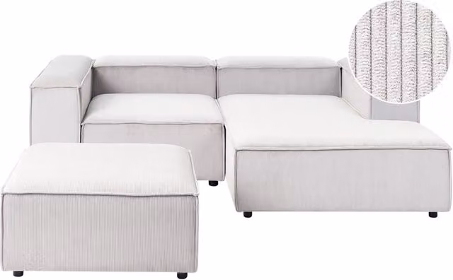 Divano angolare modulare Beliani in velluto a coste bianco con pouf, modello moderno a 3 posti con lato sinistro, L/P/H: 240 x 180 x 110 cm