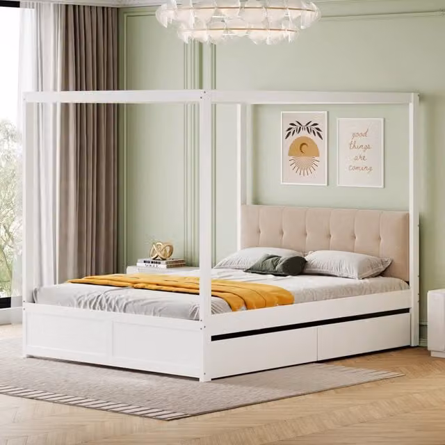 Letto con cassetti Mivray a tenda con testiera imbottita in bianco L/P/H: 204 x 140 x 160 cm