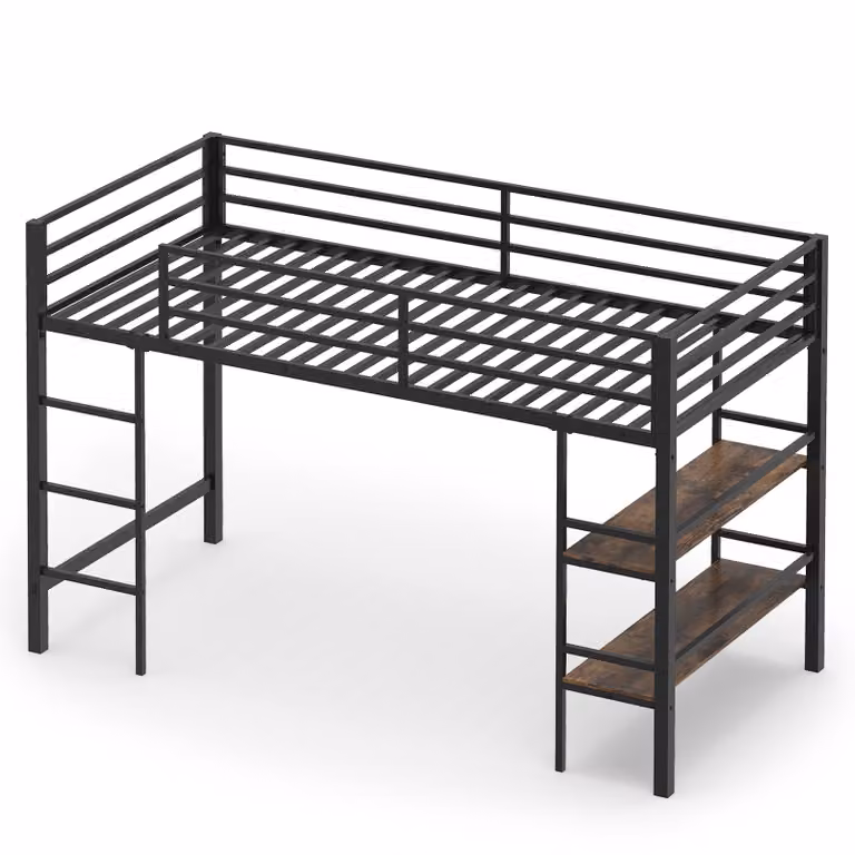 Letto a soppalco singolo in metallo Costway con 2 ripiani portaoggetti, doghe e scala a 3 gradini, Marrone