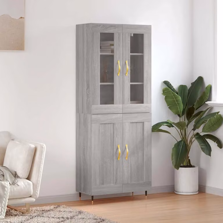 Credenza vidaXL in stile rustico Grigio Sonoma con ante in vetro e ripiani interni, L: 69,5 cm, P: 34,0 cm, H: 180,0 cm