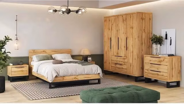 Camera da letto completa industriale MEUBLORAMA MILOS in rovere e nero con armadio, letto contenitore 180x200 cm, cassettiera e comodini